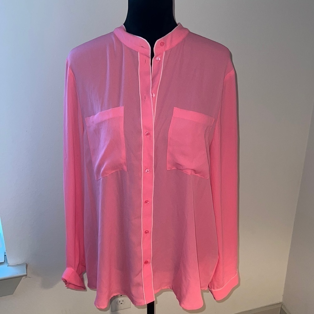 Gibson ⭐️ Latimer pink white trim buttoned down tunic style‎ blouse top Sz L
